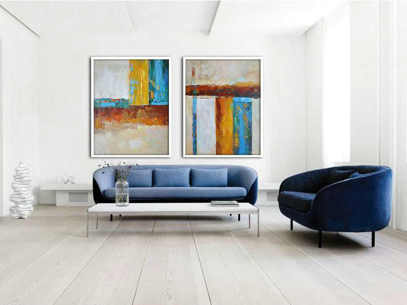 Large Abstract Art,Set Of 2 Contemporary Art On Canvas,Big Canvas Painting,Grey,Yellow,Blue,Dark Red,Brown.etc